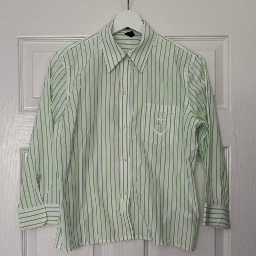 Ralph Lauren Green and White Striped Button Down Shirt Size Medium - Picture 2 of 9